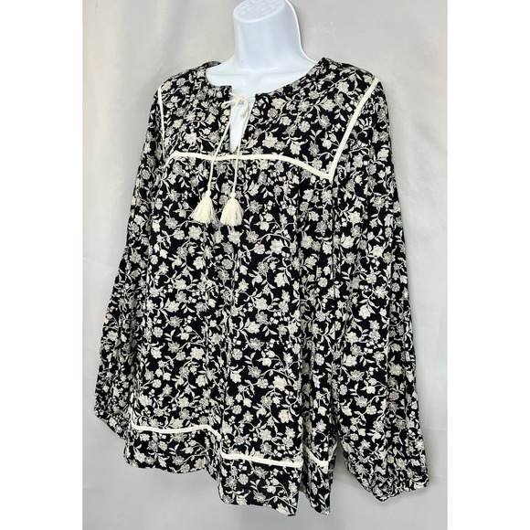 Old Navy Split-Neck Boho Top Blouse Sz XL Tall‎ Floral Long Sleeves Beige Black - Picture 5 of 11